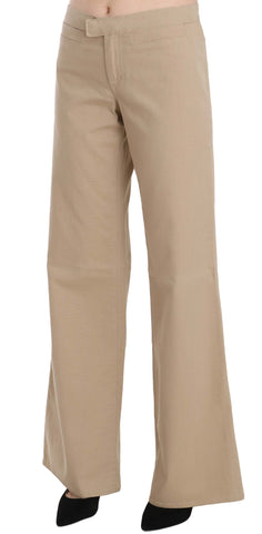 Beige Cotton Mid Waist Flared Trousers Pants Beige Cotton Mid Waist Flared Trousers Pants