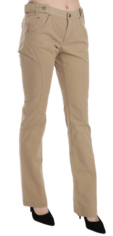 Beige Cotton Mid Waist Straight Trousers Pants Beige Cotton Mid Waist Straight Trousers Pants