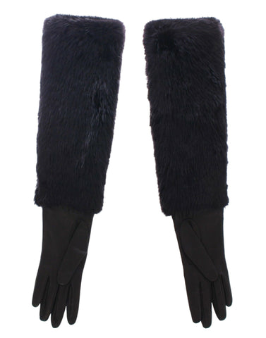 Black Beaver Fur Lambskin Leather Elbow Gloves Black Beaver Fur Lambskin Leather Elbow Gloves
