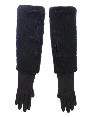 Black Beaver Fur Lambskin Leather Elbow Gloves Black Beaver Fur Lambskin Leather Elbow Gloves