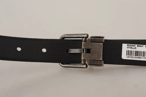 Black Calf Leather Vintage Logo Metal Buckle Belt Black Calf Leather Vintage Logo Metal Buckle Belt