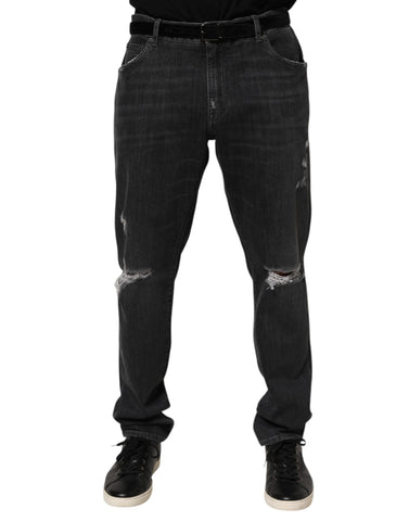 Black Cotton Slim Fit Distressed Ripped Logo Jeans Black Cotton Slim Fit Distressed Ripped Logo Jeans
