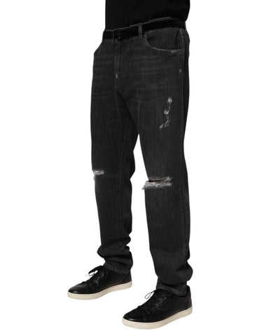 Black Cotton Slim Fit Distressed Ripped Logo Jeans Black Cotton Slim Fit Distressed Ripped Logo Jeans