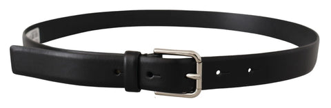 Black Calf Leather Silver Tone Logo Buckle Belt Black Calf Leather Silver Tone Logo Buckle Belt