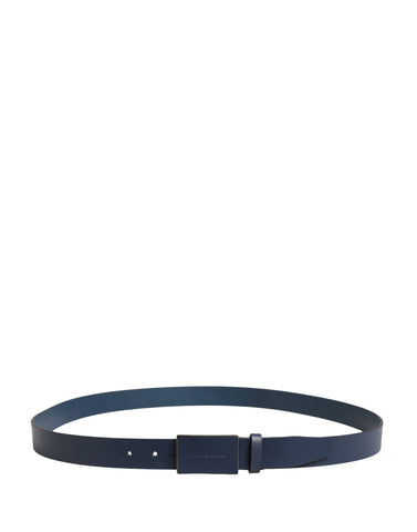Men Blue Calf Leather Logo Metal Buckle Belt