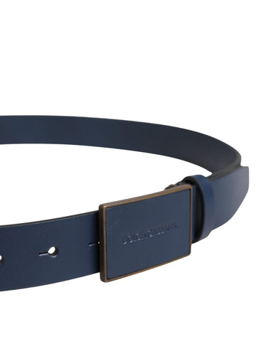Men Blue Calf Leather Logo Metal Buckle Belt