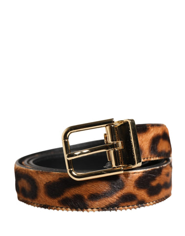 Brown Calf Fur Leopard Metal Buckle Belt