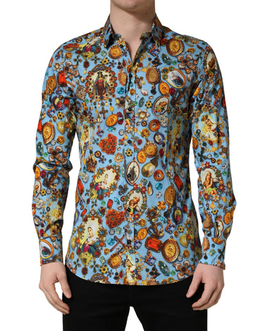 Blue Cotton Jewel Print Button Down GOLD Shirt