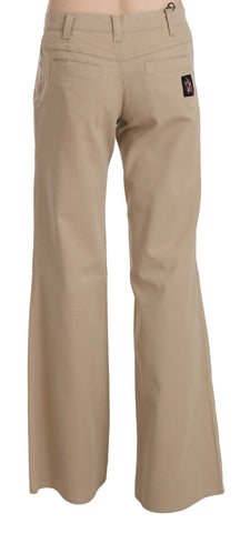 Beige Cotton Mid Waist Flared Trousers Pants