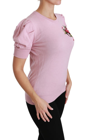 Pink Floral Embroidered Blouse Wool Top