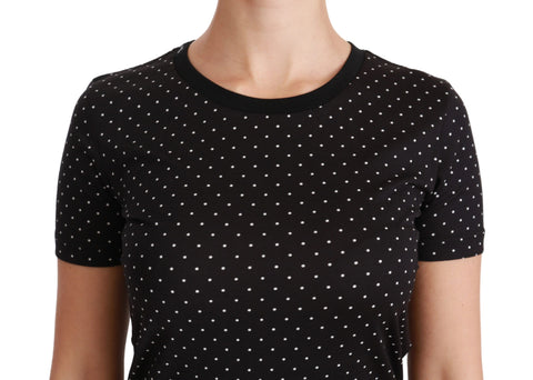 Black Dotted Crewneck Cotton Top T-shirt