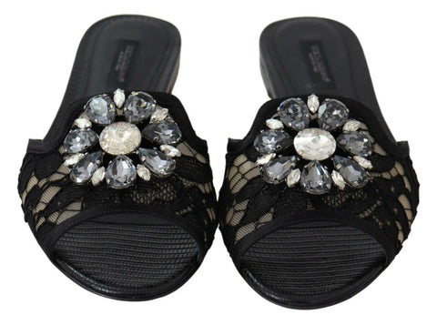 Black Taormina Lace Slides Crystals Flats Shoes