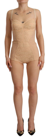 Beige Nylon Floral Lace Bodysuit Underwear
