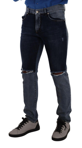 Blue Two Tone Tattered Cotton Slim Denim Jeans