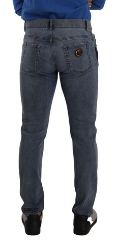 Blue Two Tone Tattered Cotton Slim Denim Jeans