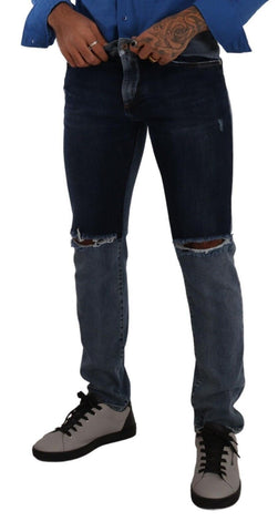 Blue Two Tone Tattered Cotton Slim Denim Jeans
