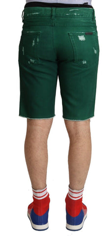 Green Tattered Cotton Men Denim Bermuda Shorts