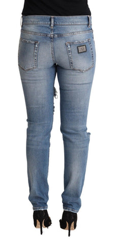 Blue Distressed Cotton Denim Skinny Jeans