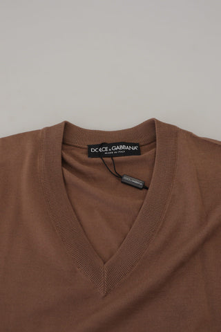 Brown Wool Men V-neck Pullover Sweater