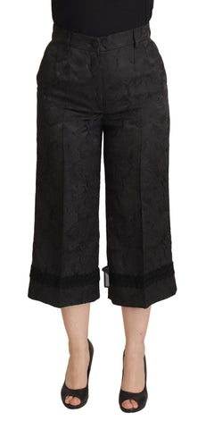 Black Brocade Cropped High Waist Pants