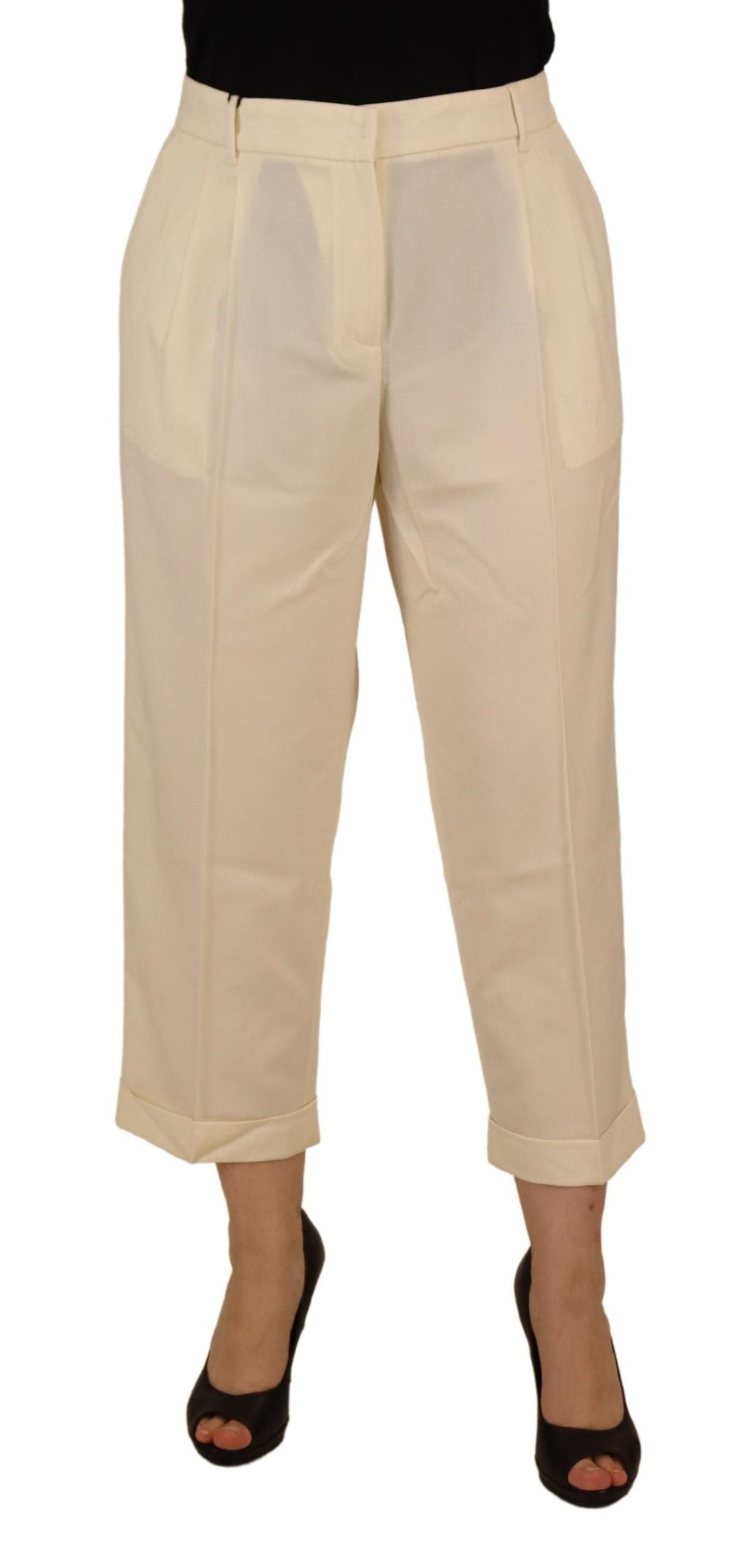 Ivory High Waist Cropped Folded Hem Trousers Pants