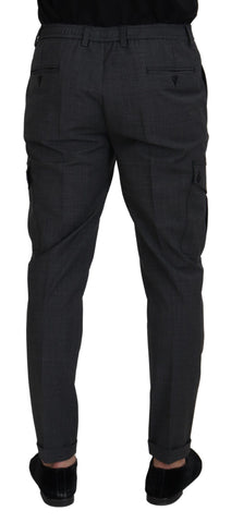 Gray Checked Cargo Trousers Stretch Pants