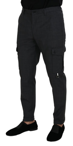 Gray Checked Cargo Trousers Stretch Pants