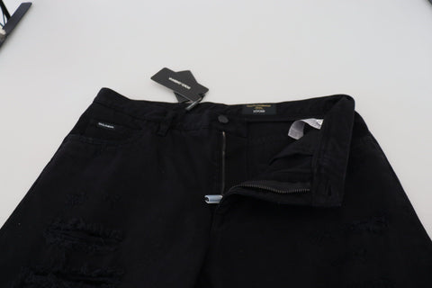 Black Loose Regular Torn Cotton Jeans