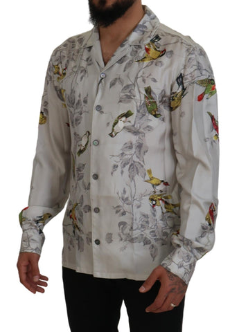 White Bird Print Silk Satin Casual Shirt