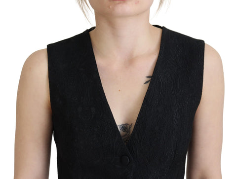 Black Brocade Button Down Sleeveless Vest Top
