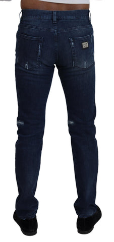 Blue Cotton Skinny Tattered Denim Jeans