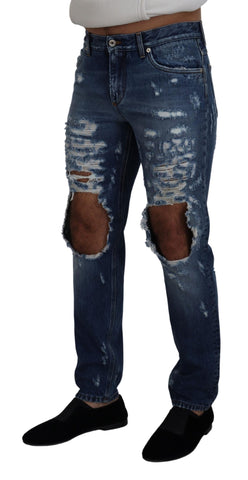 Blue Cotton Tattered Men Denim Jeans