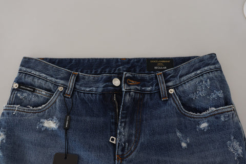 Blue Cotton Tattered Men Denim Jeans