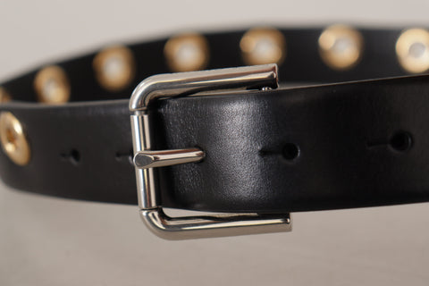 Black Leather Eyelet Silver Tone Metal Buckle Belt