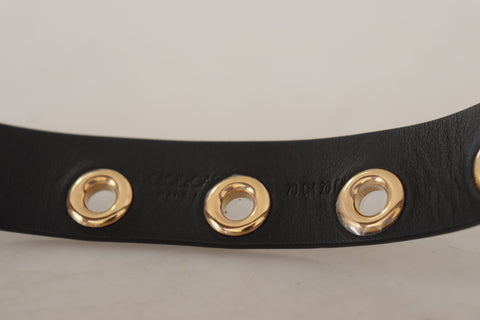 Black Leather Eyelet Silver Tone Metal Buckle Belt