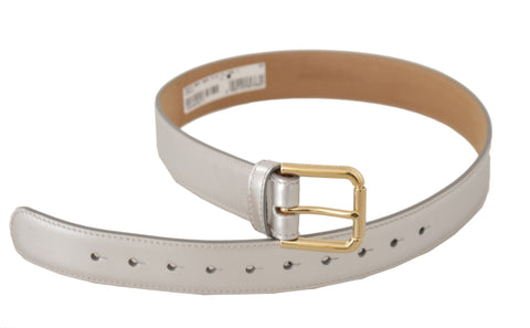 Silver Leather Gold Tone Logo Metal Buckle Belt