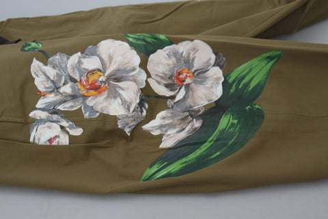 Spodnie chinosy z beżowej bawełny ze stretchem i kwiatowym wzorem