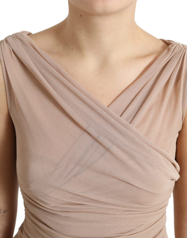 Beige Viscose V-neck Sleeveless Tank Top