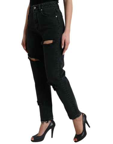 Black Cotton High Waist Tattered Denim Jeans