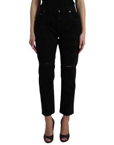 Black Cotton High Waist Tattered Denim Jeans