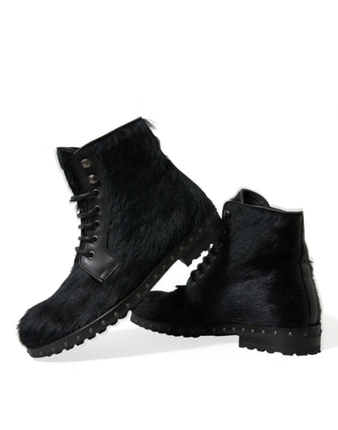 Black Pony Style Leather Mid Calf Boots Shoes