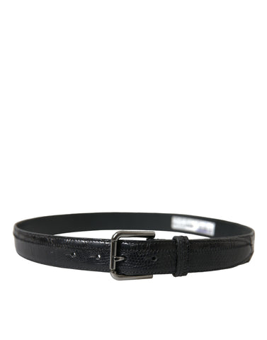Black Exotic Leather Silver Metal Buckle Belt