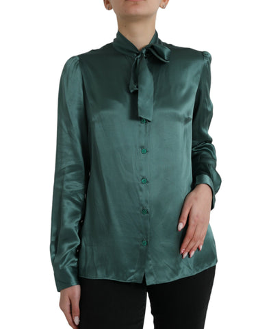 Dark Green Silk Ascot Collar Blouse Top
