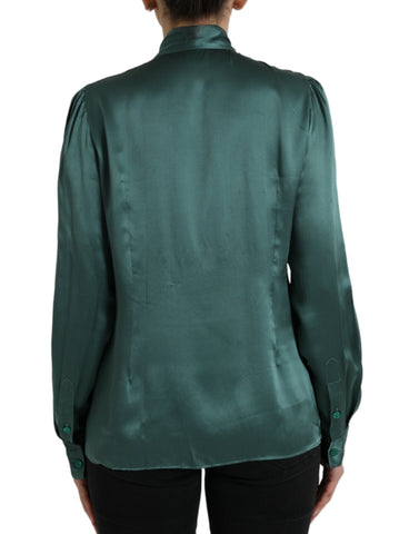 Dark Green Silk Ascot Collar Blouse Top