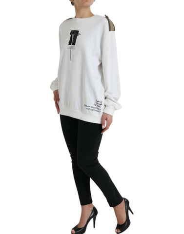 White Floral Cotton Crew Neck Pullover Sweater