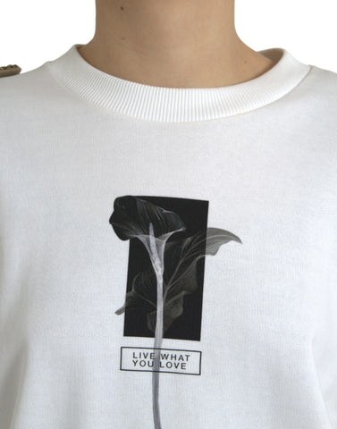 White Floral Cotton Crew Neck Pullover Sweater