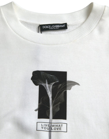 White Floral Cotton Crew Neck Pullover Sweater