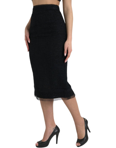 Black Wool High Waist Pencil Cut Midi Skirt