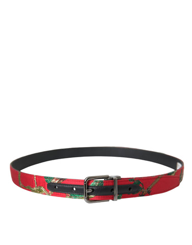 Red Leather Jacquard Silver Metal Buckle Belt
