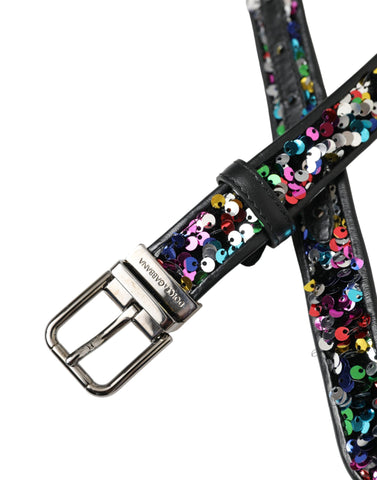 Black Sequined Silver Metal Buckle Women Belt